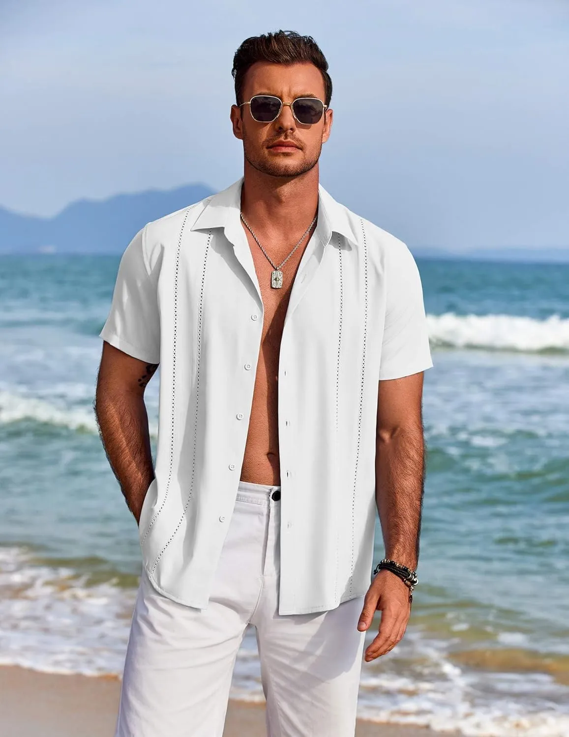 COOFANDY Mens Cuban Guayabera Shirt Short Sleeve Button Down Shirts Summer Beach Vacation Shirts