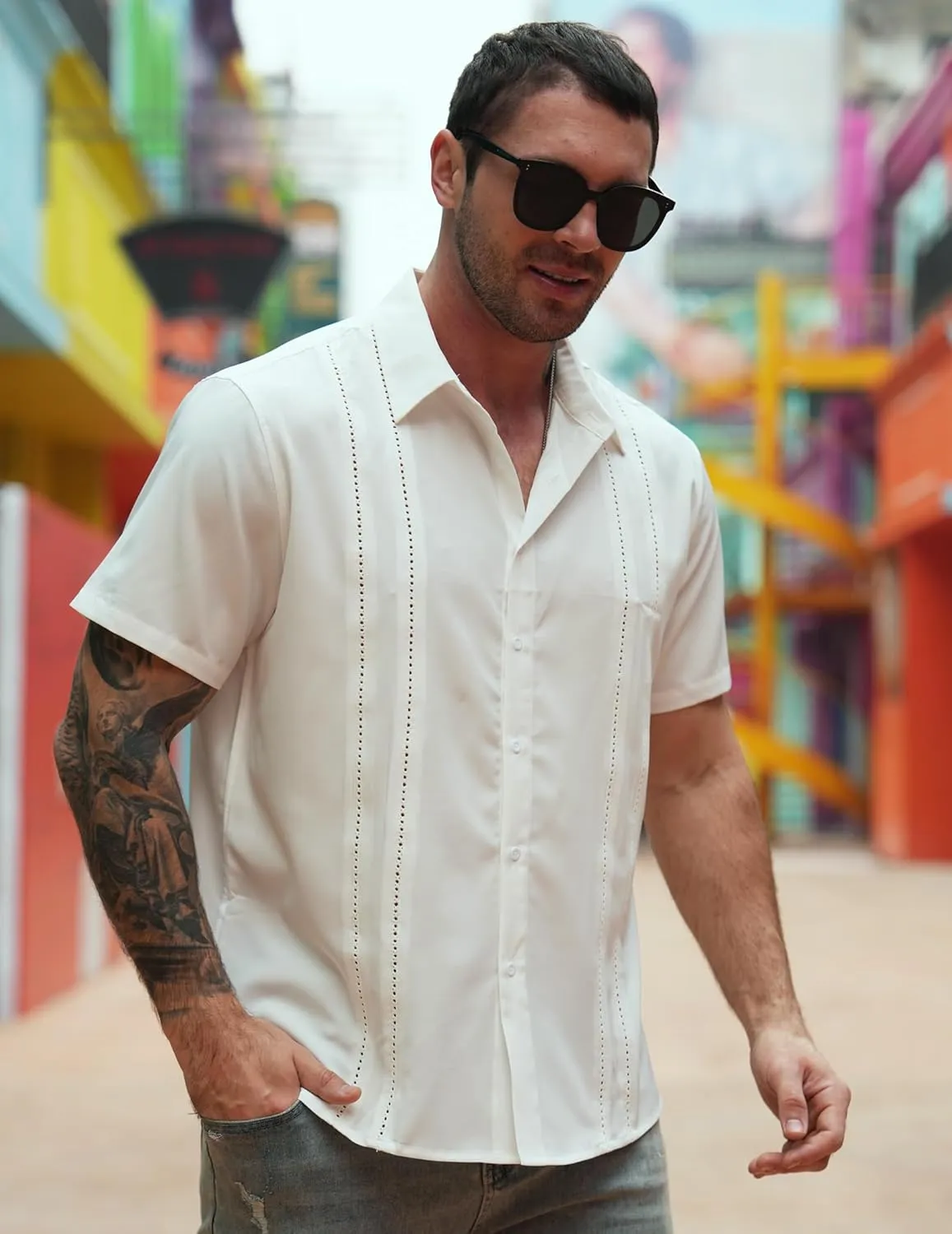COOFANDY Mens Cuban Guayabera Shirt Short Sleeve Button Down Shirts Summer Beach Vacation Shirts