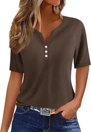 COTECRAM Summer Tops for Women 2024 Short Sleeve Button V Neck Tshirts Trendy Dressy Casual Blouses Loose Fit Graphic Tunics