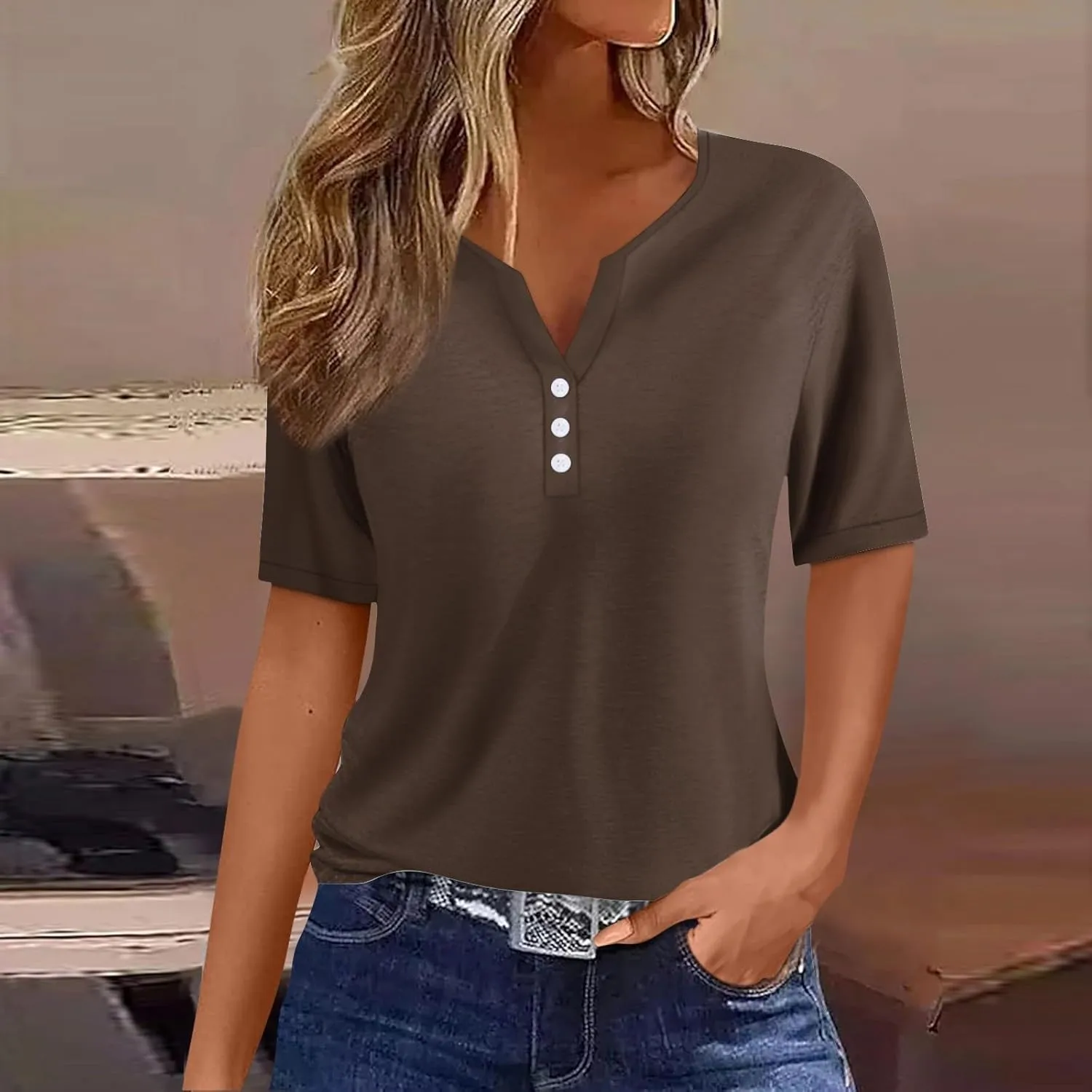 COTECRAM Summer Tops for Women 2024 Short Sleeve Button V Neck Tshirts Trendy Dressy Casual Blouses Loose Fit Graphic Tunics