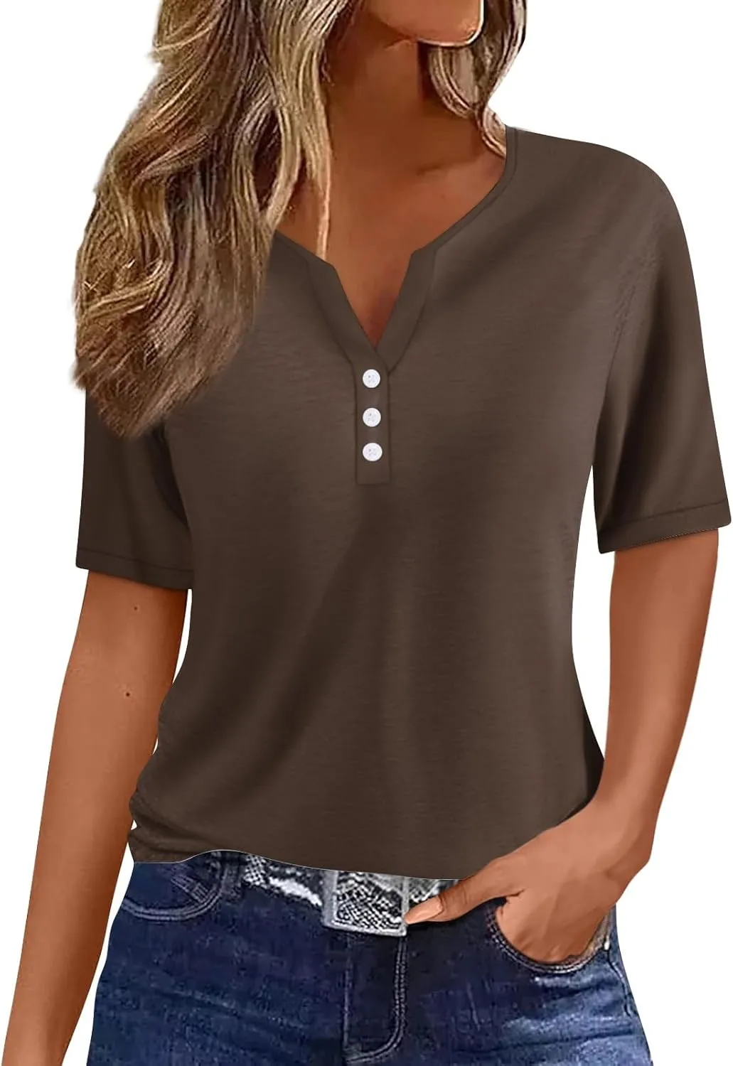 COTECRAM Summer Tops for Women 2024 Short Sleeve Button V Neck Tshirts Trendy Dressy Casual Blouses Loose Fit Graphic Tunics