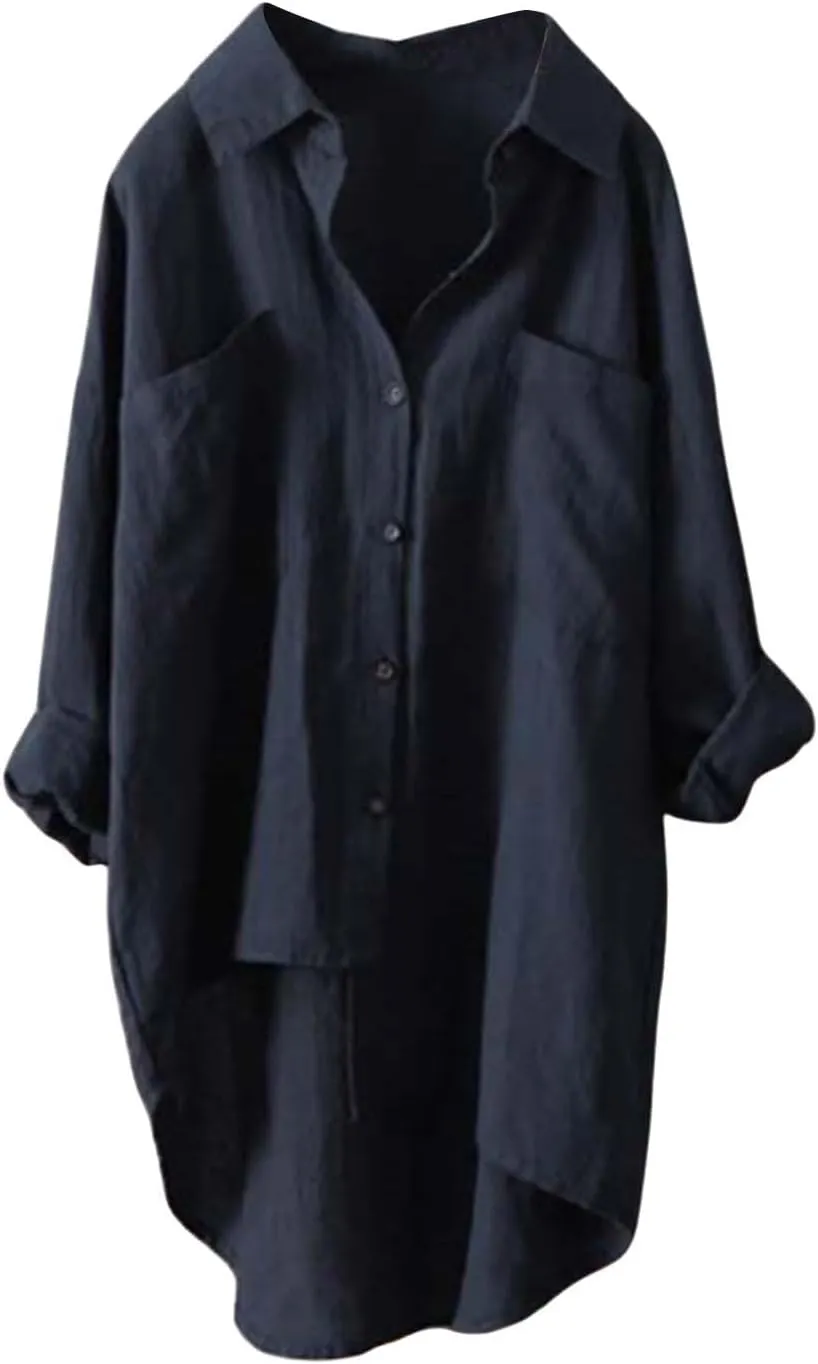 Cotton Linen Button Down Shirt for Women Women O-Neck Floral Lady Short Women's Blouse Blouses Button-Down Shirts