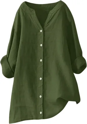 Cotton Linen Shirts for Women 2025 Buttons V Neck Long Sleeve Tshirt Plus Size Loose Blouses Dressy Casual Tunic Tops