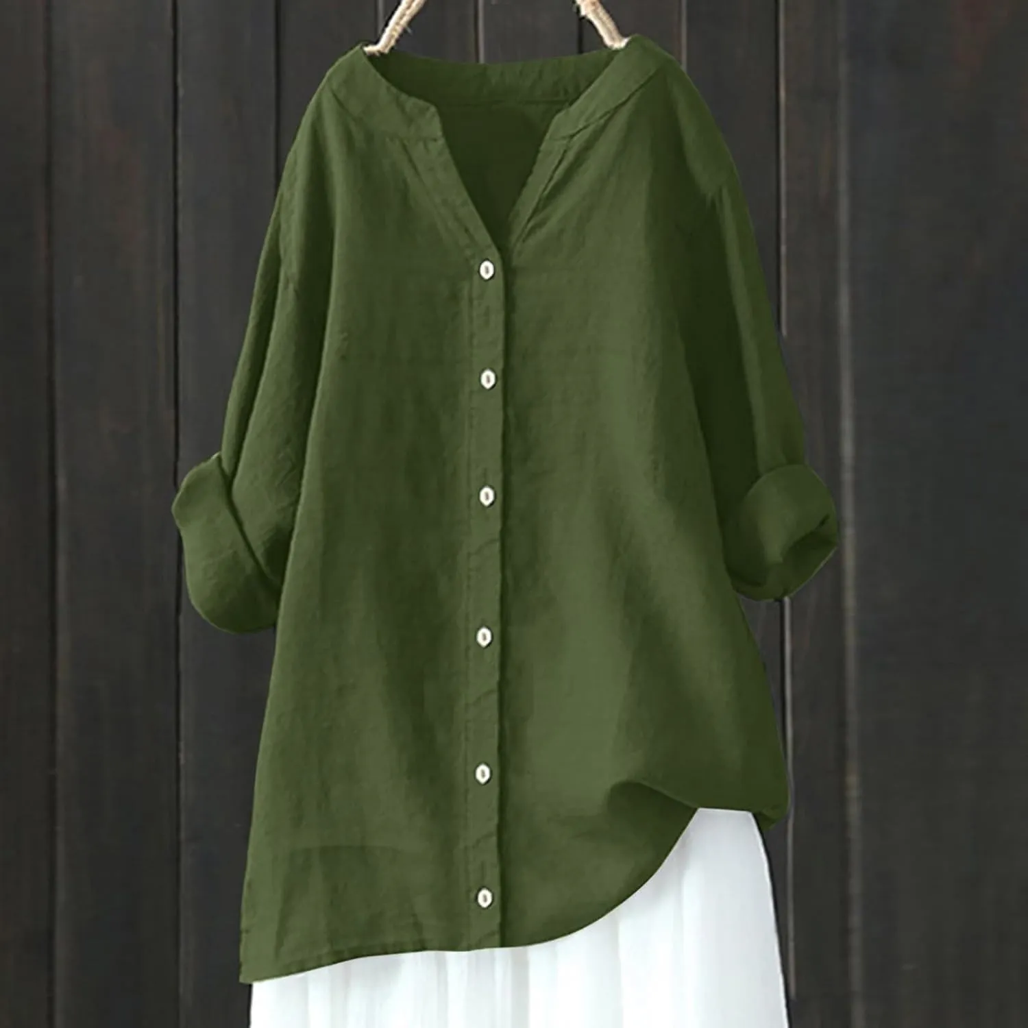 Cotton Linen Shirts for Women 2025 Buttons V Neck Long Sleeve Tshirt Plus Size Loose Blouses Dressy Casual Tunic Tops