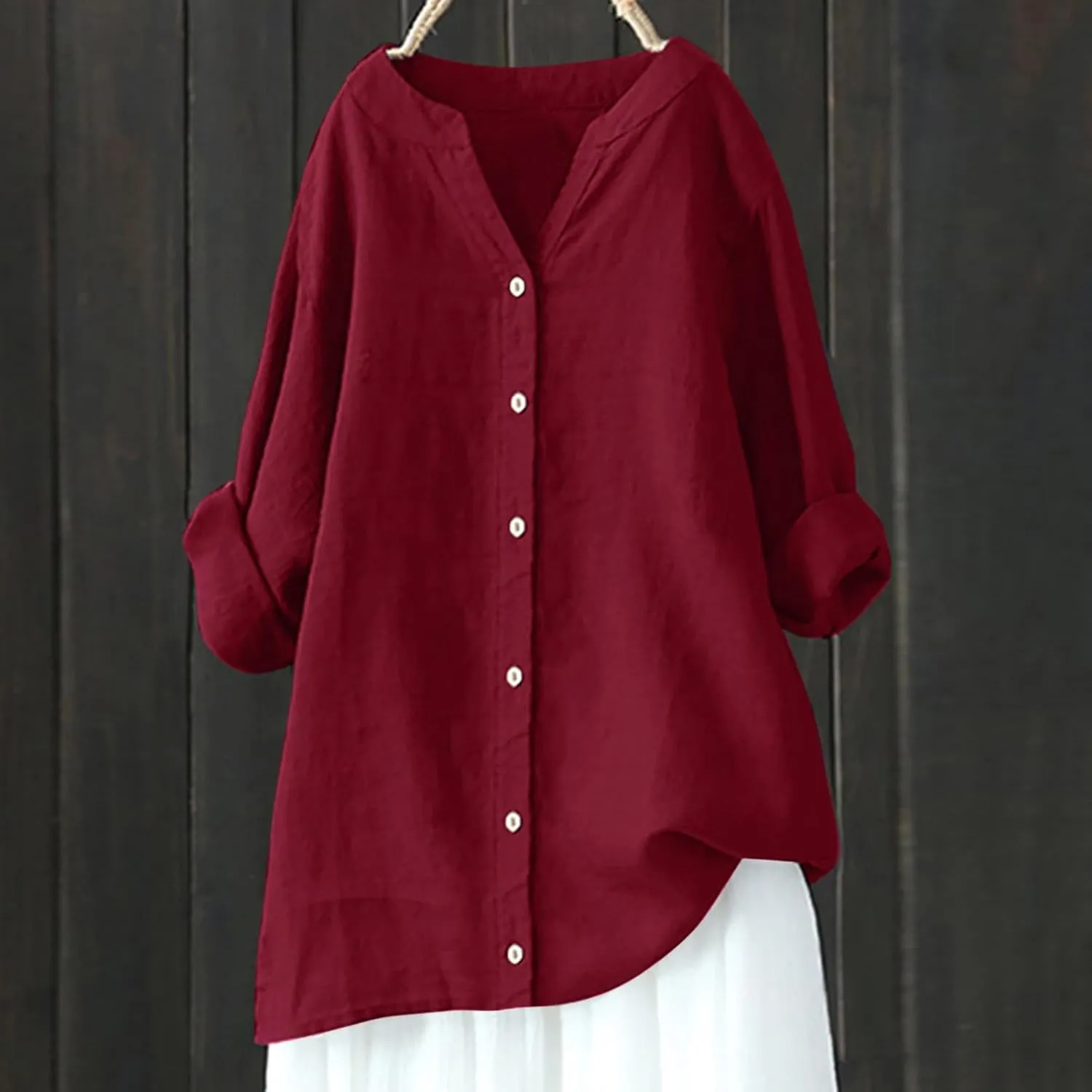 Cotton Linen Shirts for Women 2025 Buttons V Neck Long Sleeve Tshirt Plus Size Loose Blouses Dressy Casual Tunic Tops