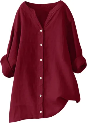 Cotton Linen Shirts for Women 2025 Buttons V Neck Long Sleeve Tshirt Plus Size Loose Blouses Dressy Casual Tunic Tops