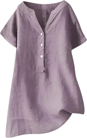 Cotton Linen Shirts for Women Buttons V Neck Short Sleeve Tshirt Trendy Dressy Blouses Casual Loose Tunic Tops