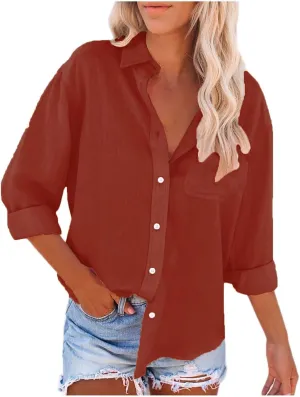 Cotton Linen Shirts for Women Loose Lapel Collar Single Breasted Roll Up Sleeve Work Tunic Solid Color Business Blouse
