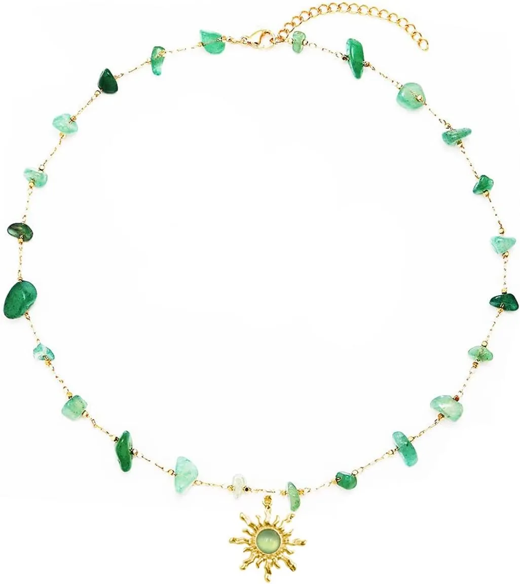 Crystal Sun Necklace for Women 18K Gold Plated Sun Pendant Necklace Natural Stone Crystal Choker Necklace Healing Crystal Necklace Christmas Trendy Jewelry For Women