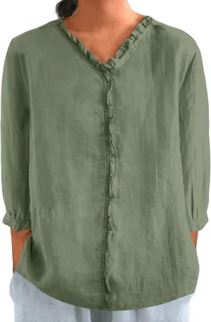 Cute Linen Shirts for Women Lapel Collared 3/4 Sleeve Print Tunic Blouses Casual Loose 2025 T-Shirt Tops for Summer