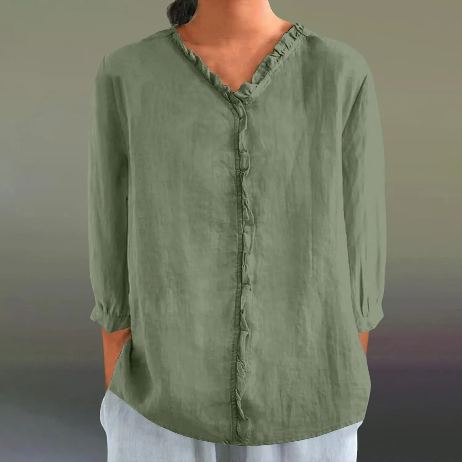 Cute Linen Shirts for Women Lapel Collared 3/4 Sleeve Print Tunic Blouses Casual Loose 2025 T-Shirt Tops for Summer