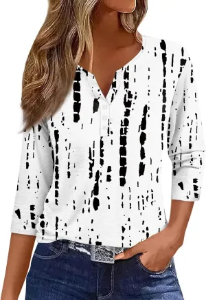 Cute Summer Tops for Women Button 3/4 Sleeve Tops Sports Fan Striped Print Tunic Casual Loose Fit Shirts