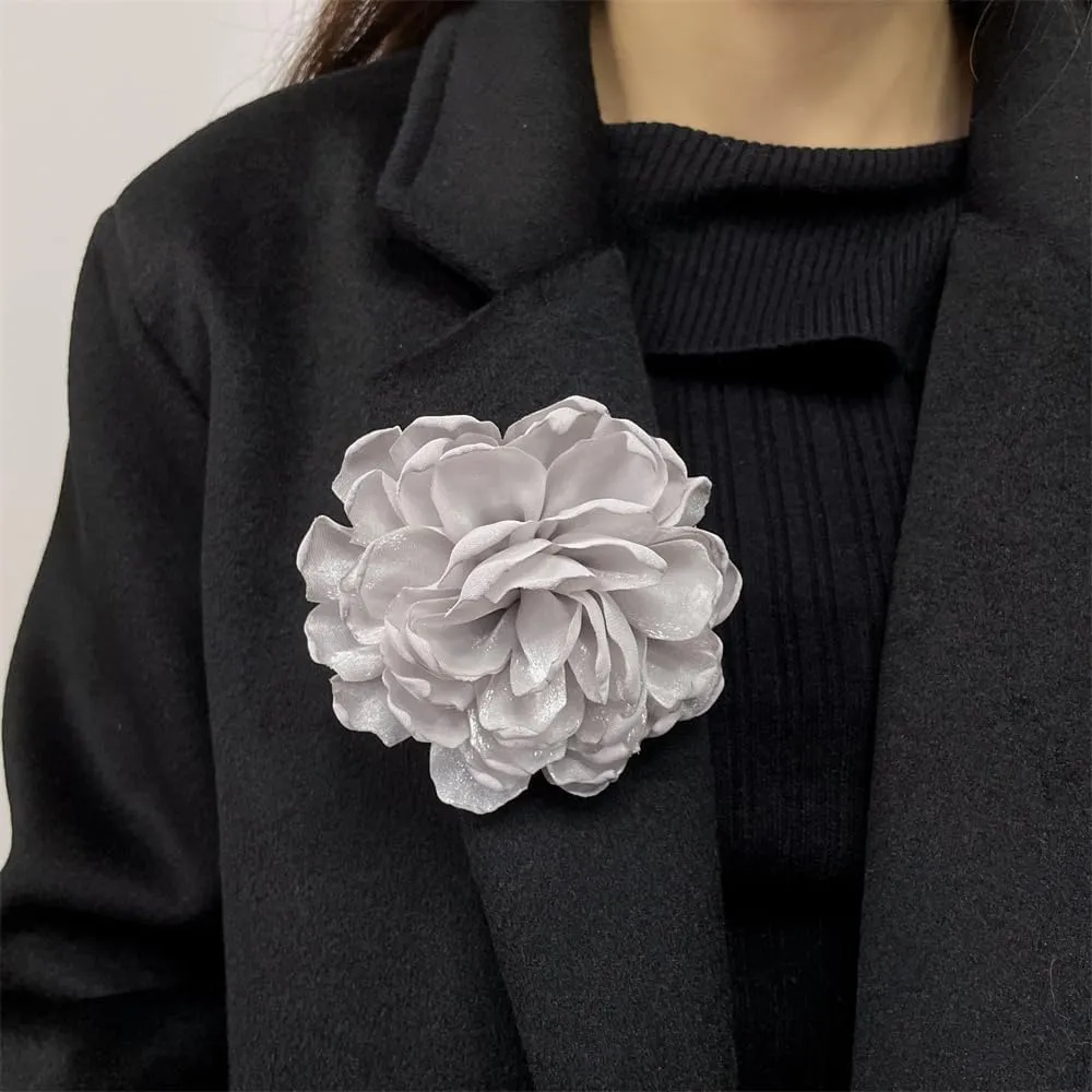 Dainty Camellia Flower Large Brooch Lapel Pins Handmade Fabric Flower Brooches Pin Classic for Wedding Party Dance Banquet for Women Men Dress Suit Clothes Accessories Jewelry Gifts 100mm