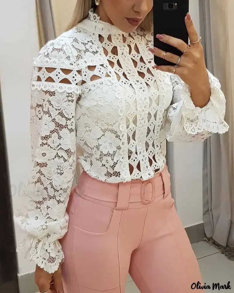 Deanwangkt - Hollow Out Long Sleeve Lace Top