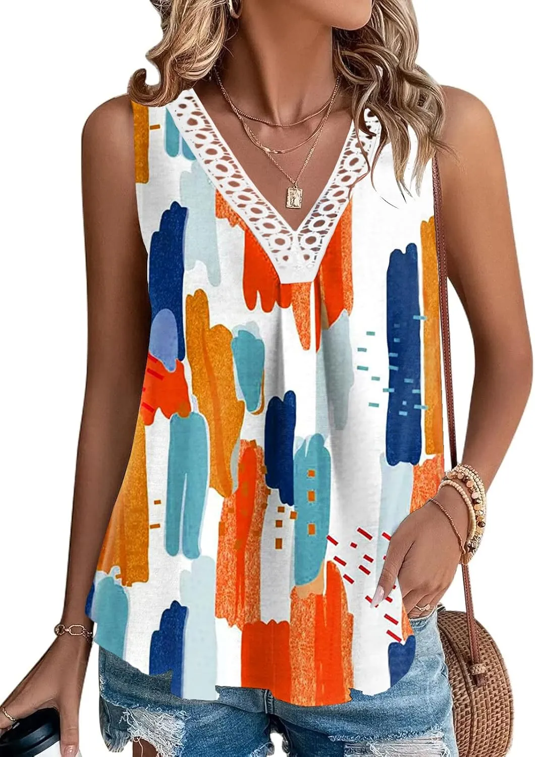 Disamer Womens Summer Tops 2025 Trendy Sleeveless T-Shirt Dressy Casual Cute Loose Fit Tank Lace V Neck Tunic Blouse