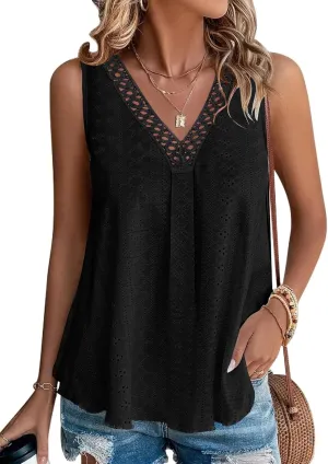 Disamer Womens Summer Tops 2025 Trendy Sleeveless T-Shirt Dressy Casual Cute Loose Fit Tank Lace V Neck Tunic Blouse