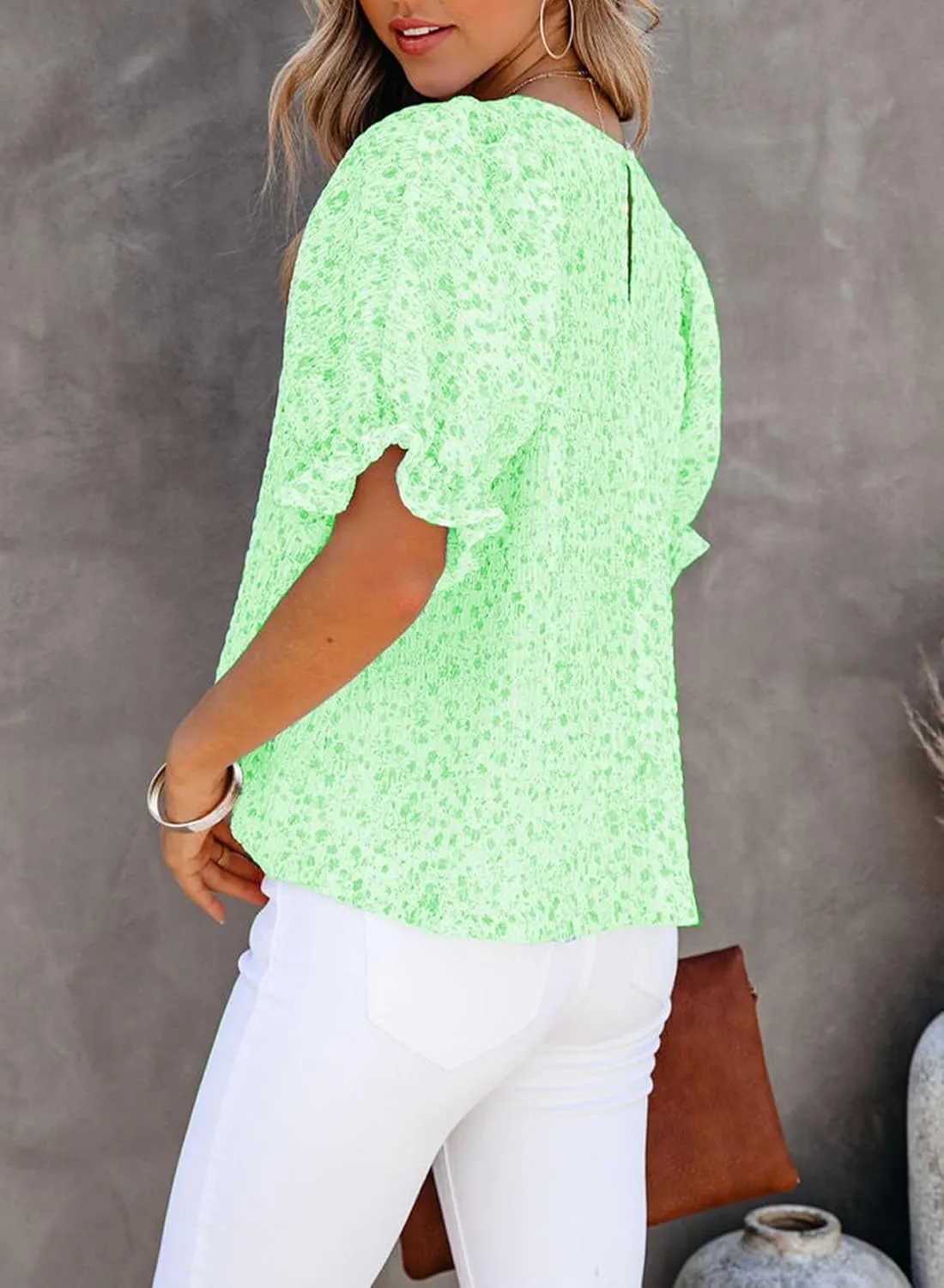 Dokotoo Floral Print Blouses for Women Crewneck Smocked Puff Sleeve Shirts Casual Babydoll Tops