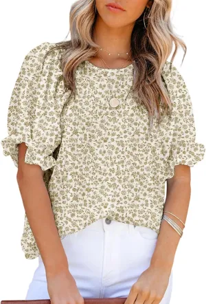 Dokotoo Floral Print Blouses for Women Crewneck Smocked Puff Sleeve Shirts Casual Babydoll Tops