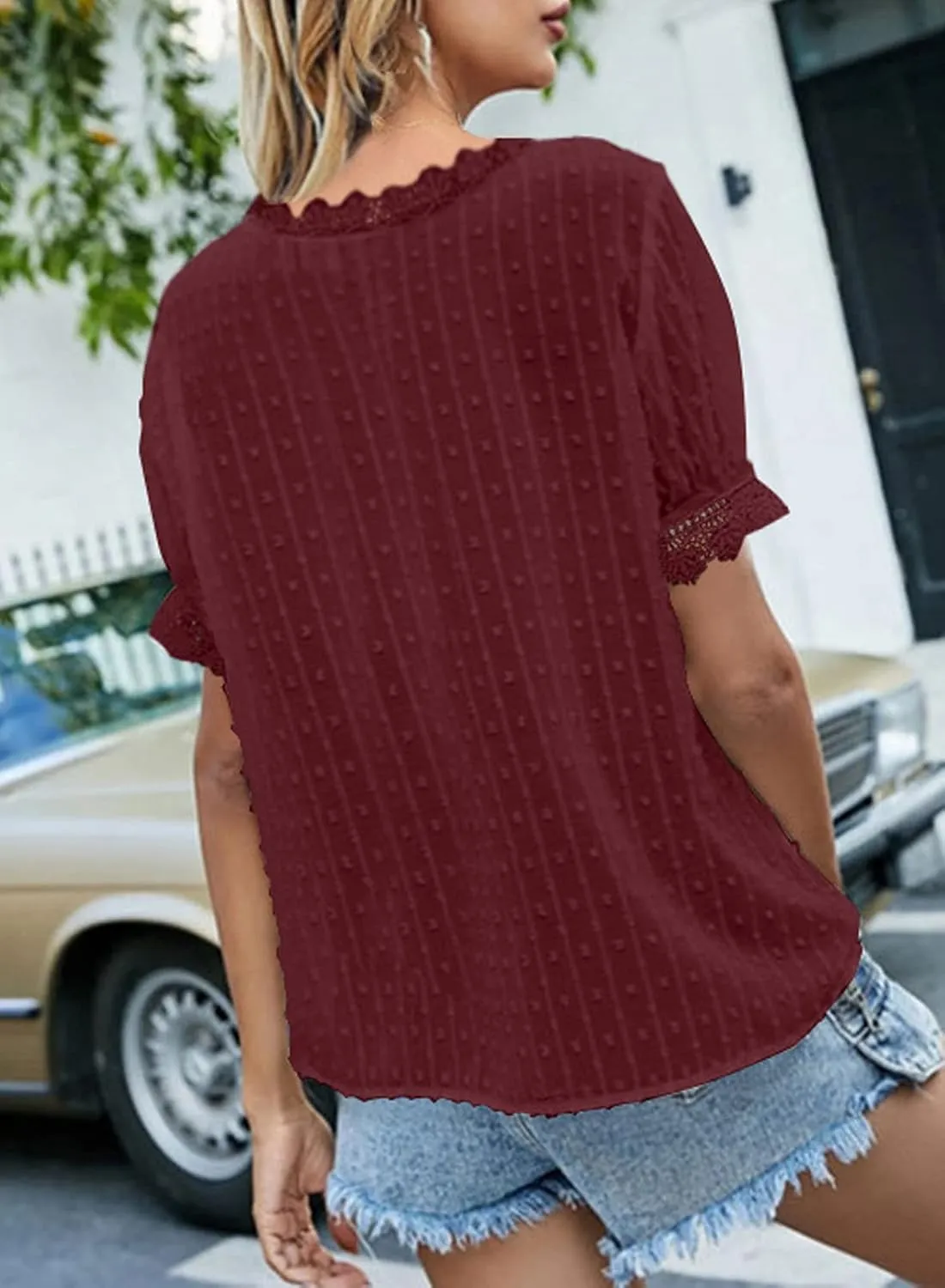 Dokotoo Women's V Neck Lace Crochet Tunic Tops Flowy Casual Blouses Shirts