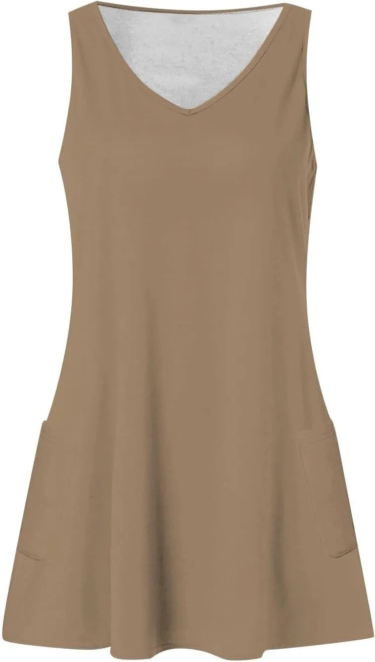 DOPOCQ Summer Dresses for Women 2024 Sexy V Neck Sleeveless Boho Beach Dress Casual Plus Size Solid Color Tank Mini Dresses