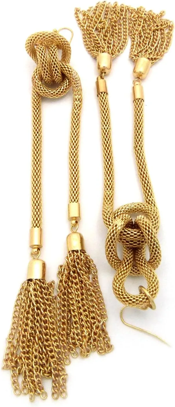 Double Tassel End Mesh Chain Knot Drop Earrings in Gold-Tone