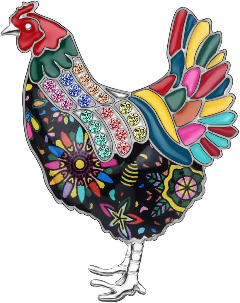 DOWAY Floral Enamel Chicken Pin Lapel Cute Rhinestone Farm Animals Hen Brooch Accessories Jewelry for Women Girls Charms Rooster Chickens Gifts