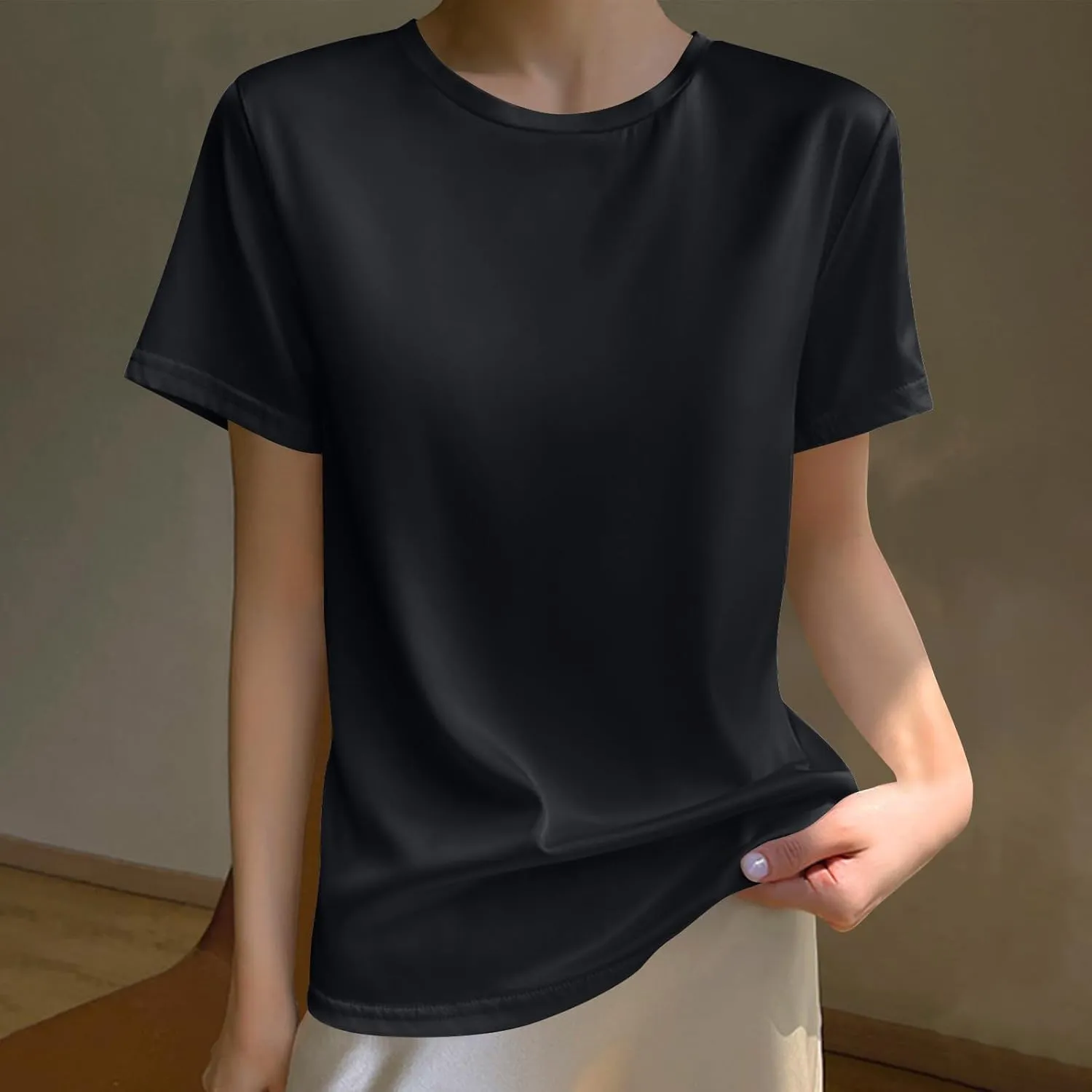 Draping Silk Smooth Satin Tops for Women Crewneck Short Sleeve Tee Basic T-Shirt Dressy Business Office Work Blouse
