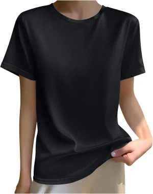 Draping Silk Smooth Satin Tops for Women Crewneck Short Sleeve Tee Basic T-Shirt Dressy Business Office Work Blouse