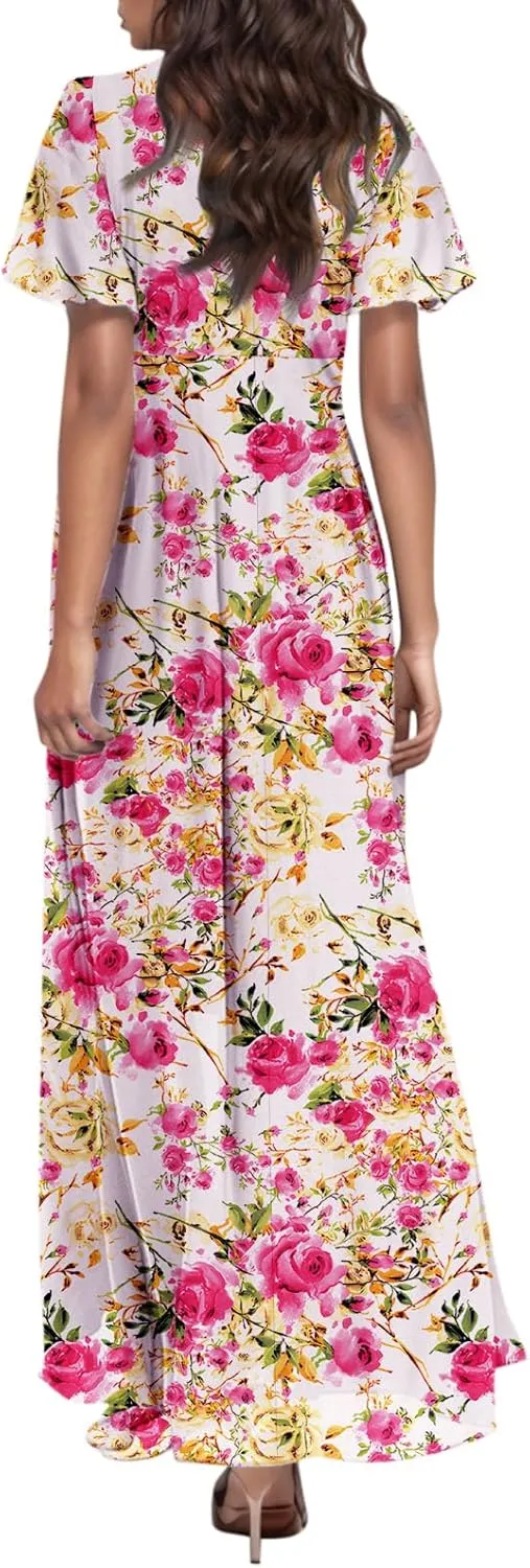 Dresses for Church Women 2025 Maxi Dress Summer Wrap Floral Ruffle Sleeve Chiffon Wedding Dress Boho