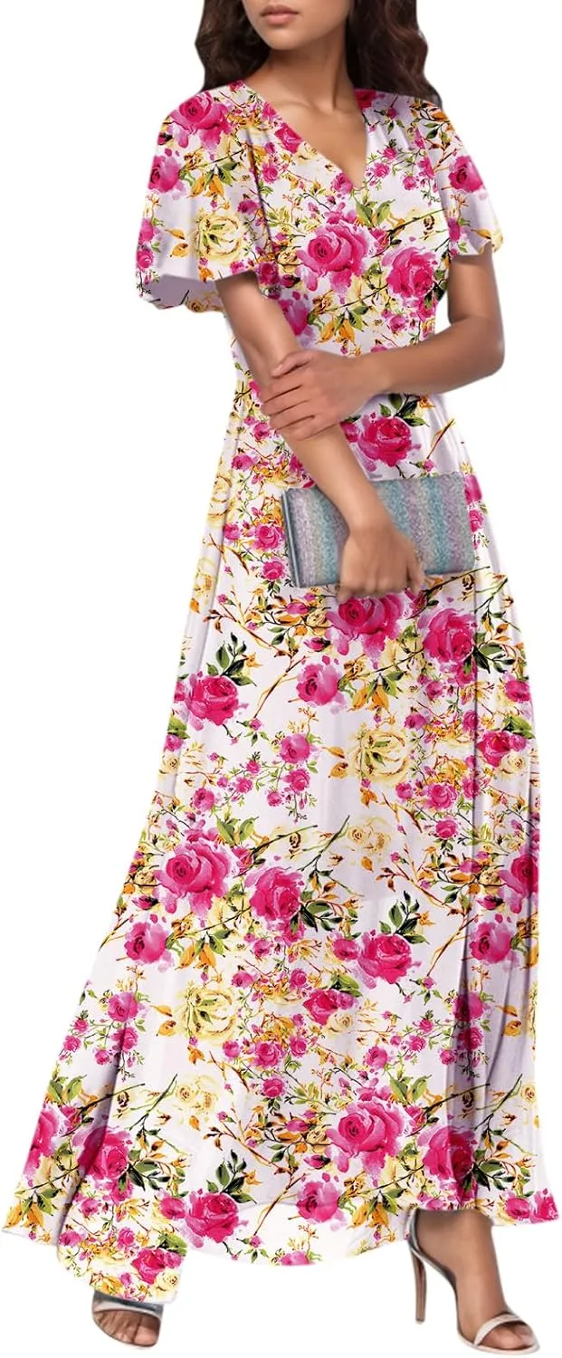 Dresses for Church Women 2025 Maxi Dress Summer Wrap Floral Ruffle Sleeve Chiffon Wedding Dress Boho
