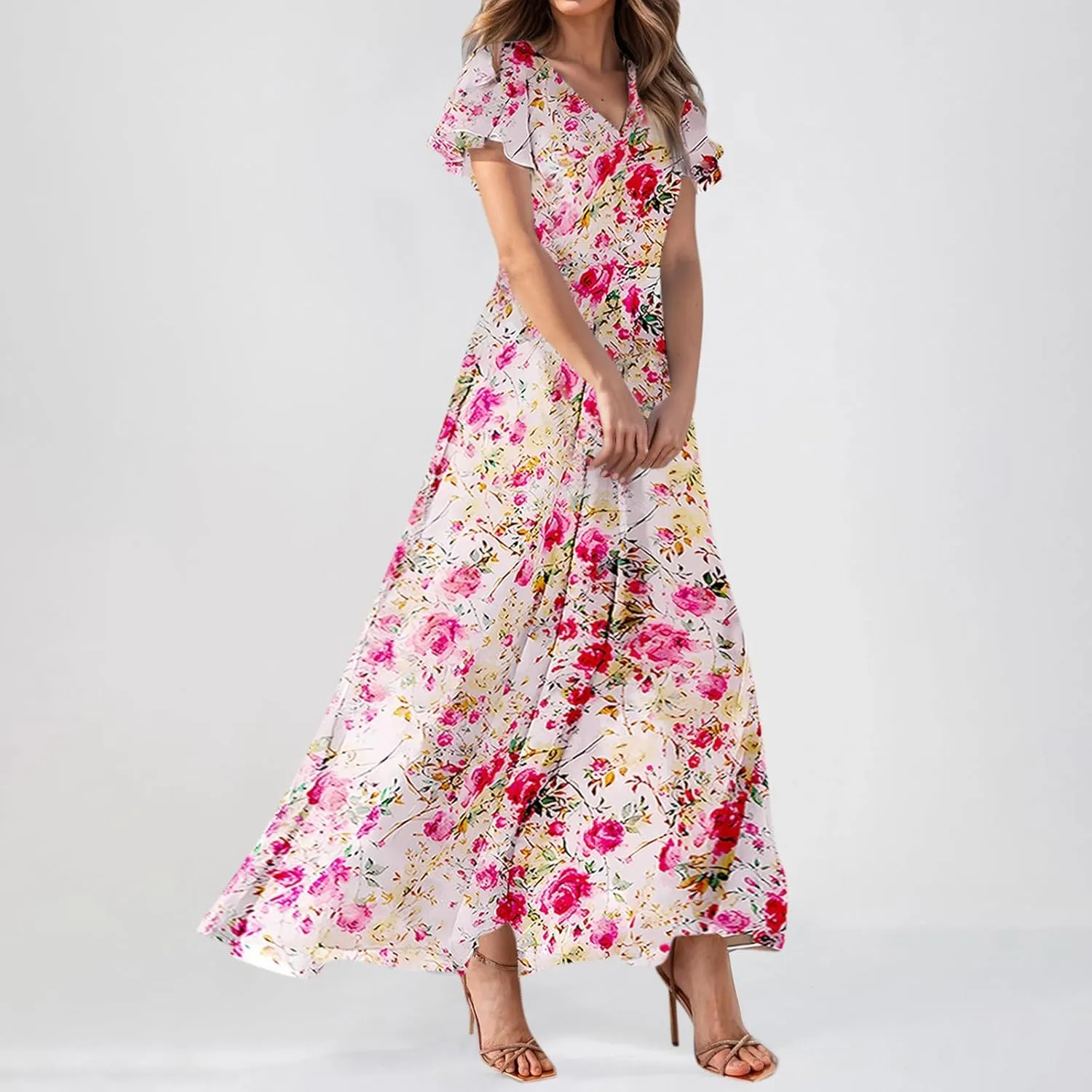 Dresses for Church Women 2025 Maxi Dress Summer Wrap Floral Ruffle Sleeve Chiffon Wedding Dress Boho