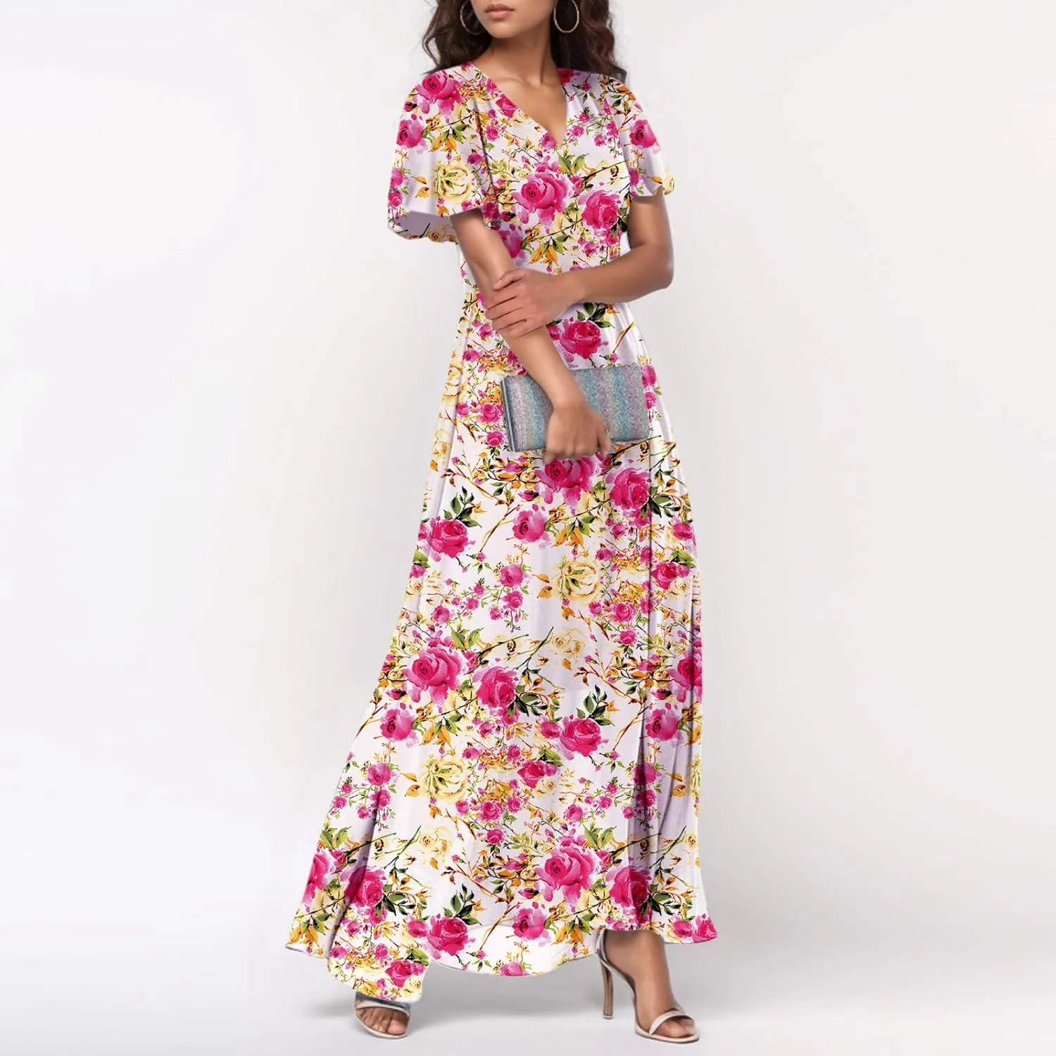 Dresses for Church Women 2025 Maxi Dress Summer Wrap Floral Ruffle Sleeve Chiffon Wedding Dress Boho