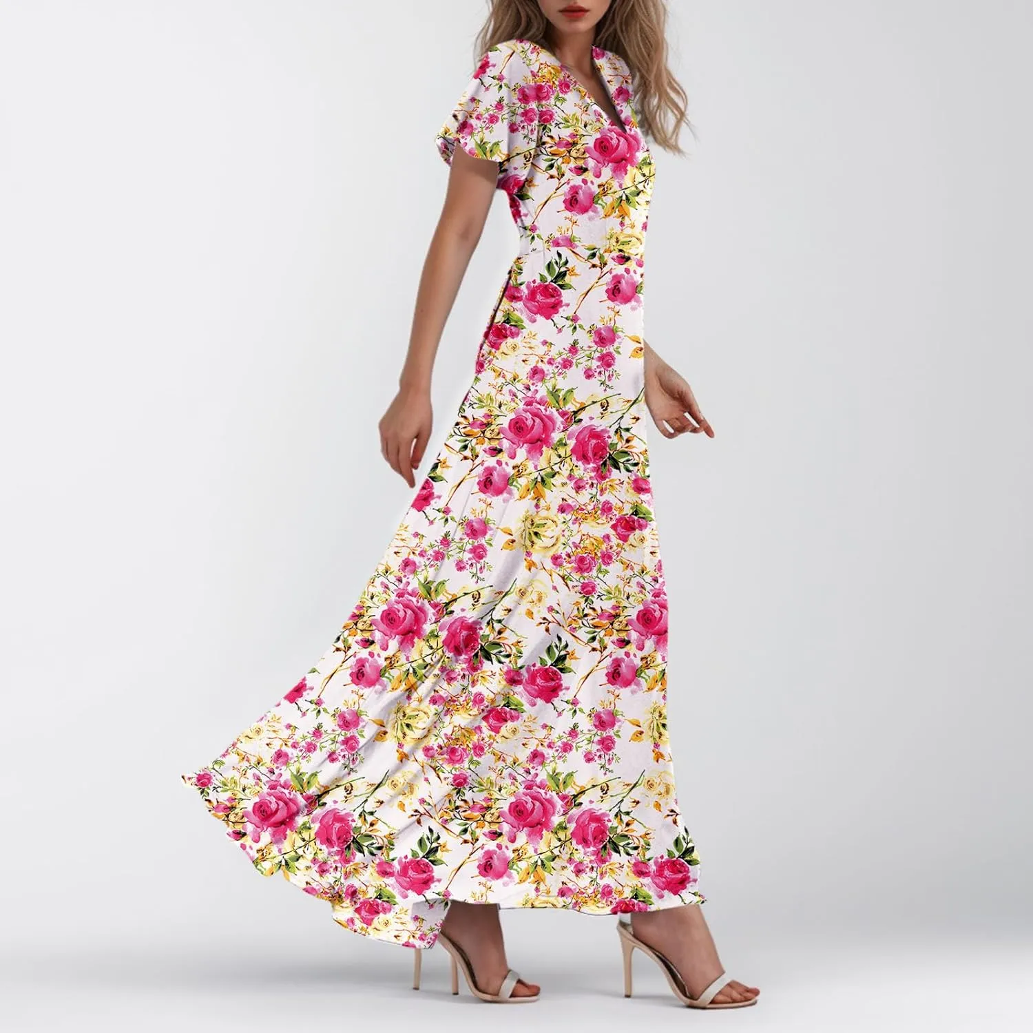 Dresses for Church Women 2025 Maxi Dress Summer Wrap Floral Ruffle Sleeve Chiffon Wedding Dress Boho