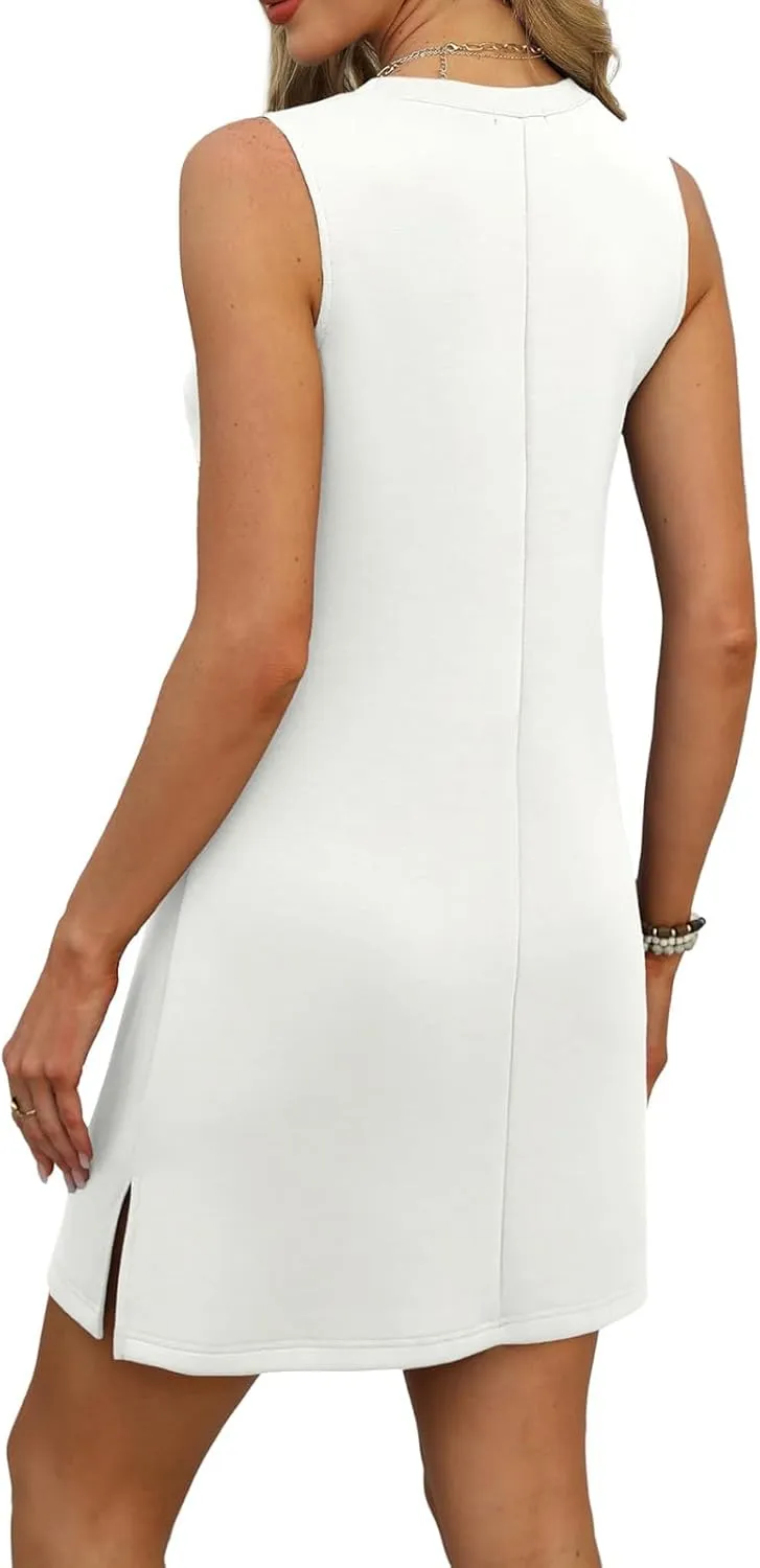 Dresses for Women Summer Sleeveless V Neck Sundresses Solid Color Casual Mini Dress Side Split Tank Dresses 2025