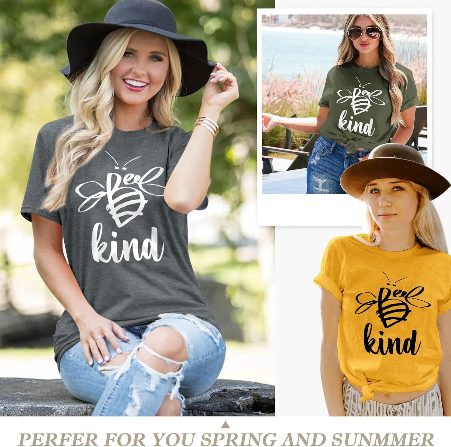 Dresswel Be Kind Tshirt Women Short Sleeve T-Shirt Bee Graphic Tee Long Sleeve Pocket Shirt Casual Tops