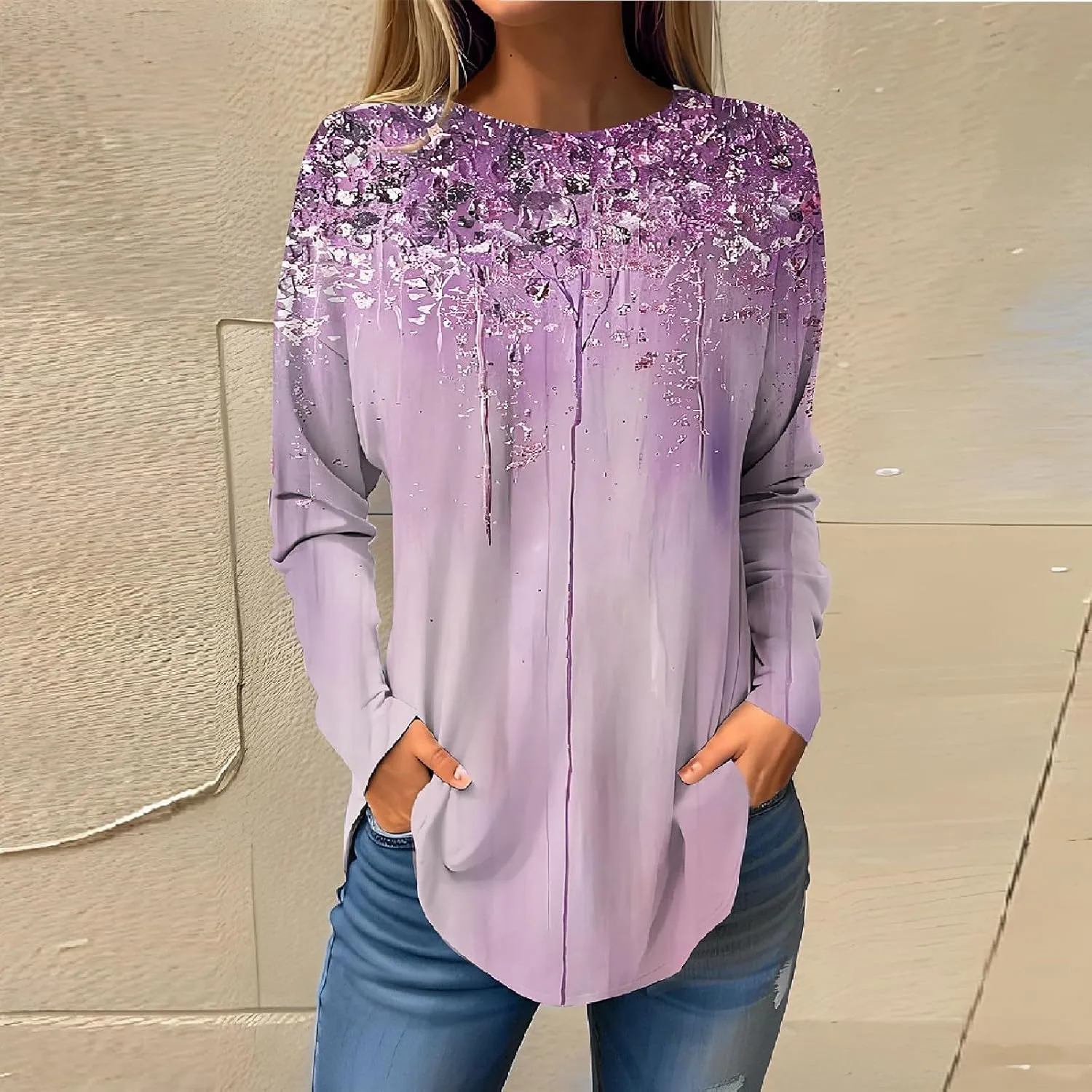 DuDubaby Graphic Tees for Women Trendy Round Neck Sweater Cute Retro Floral Print Long Sleeve Blouses Oversized Workout Tee