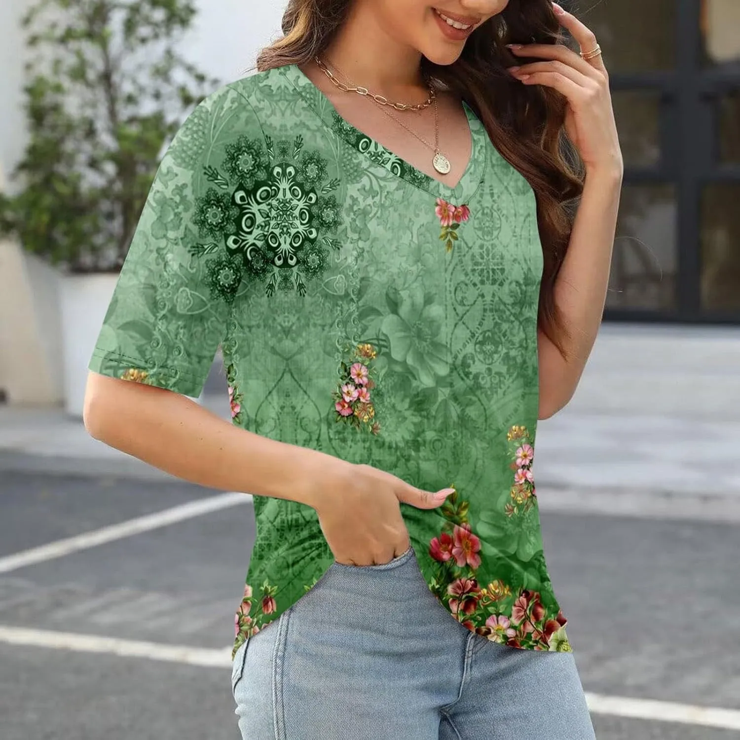 Elbow Sleeve Tops Women Womens Summer Half Sleeve V Neck Shirts Casual Loose Fit Printed Elbow Length Sleeve Blouses