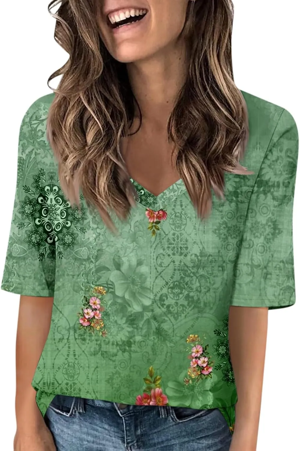 Elbow Sleeve Tops Women Womens Summer Half Sleeve V Neck Shirts Casual Loose Fit Printed Elbow Length Sleeve Blouses