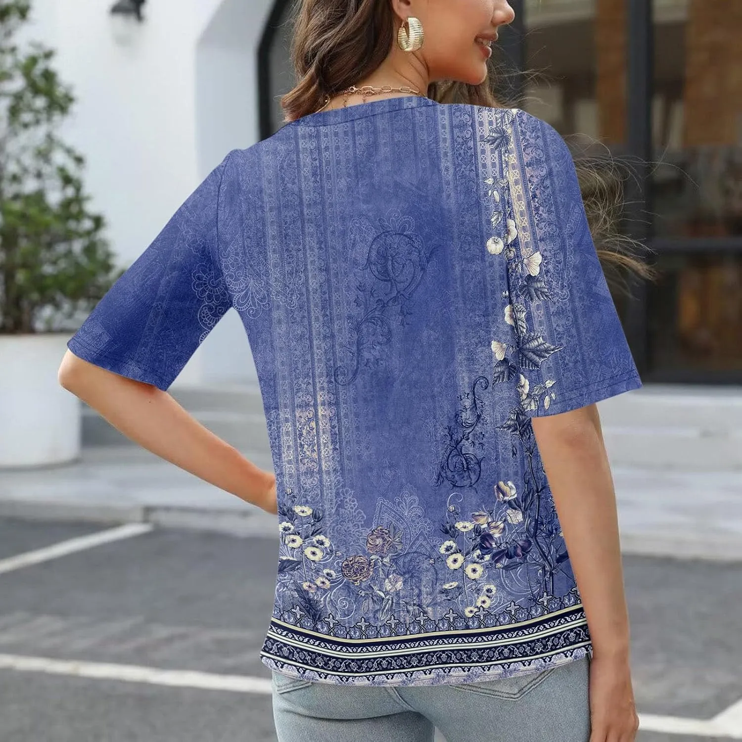 Elbow Sleeve Tops Women Womens Summer Half Sleeve V Neck Shirts Casual Loose Fit Printed Elbow Length Sleeve Blouses