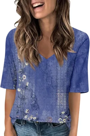 Elbow Sleeve Tops Women Womens Summer Half Sleeve V Neck Shirts Casual Loose Fit Printed Elbow Length Sleeve Blouses