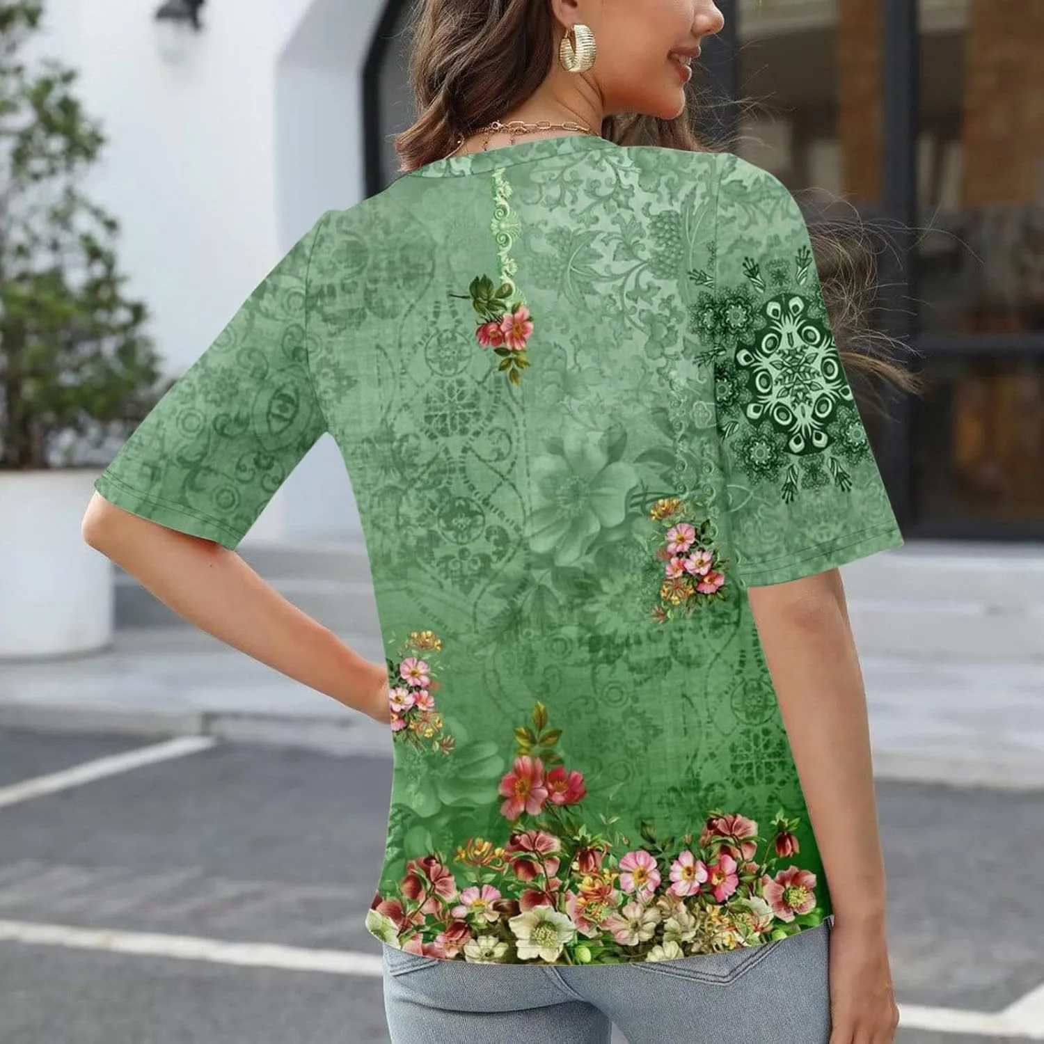 Elbow Sleeve Tops Women Womens Summer Half Sleeve V Neck Shirts Casual Loose Fit Printed Elbow Length Sleeve Blouses
