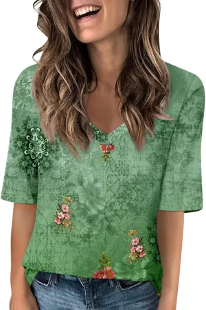 Elbow Sleeve Tops Women Womens Summer Half Sleeve V Neck Shirts Casual Loose Fit Printed Elbow Length Sleeve Blouses