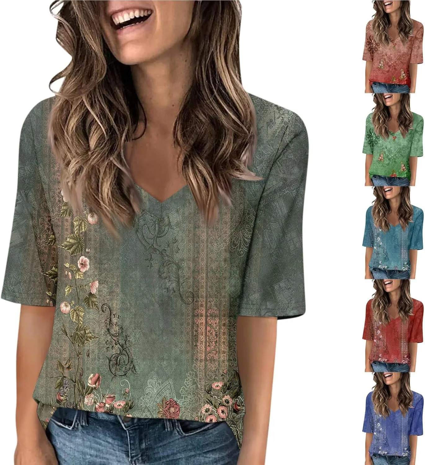 Elbow Sleeve Tops Women Womens Summer Half Sleeve V Neck Shirts Casual Loose Fit Printed Elbow Length Sleeve Blouses