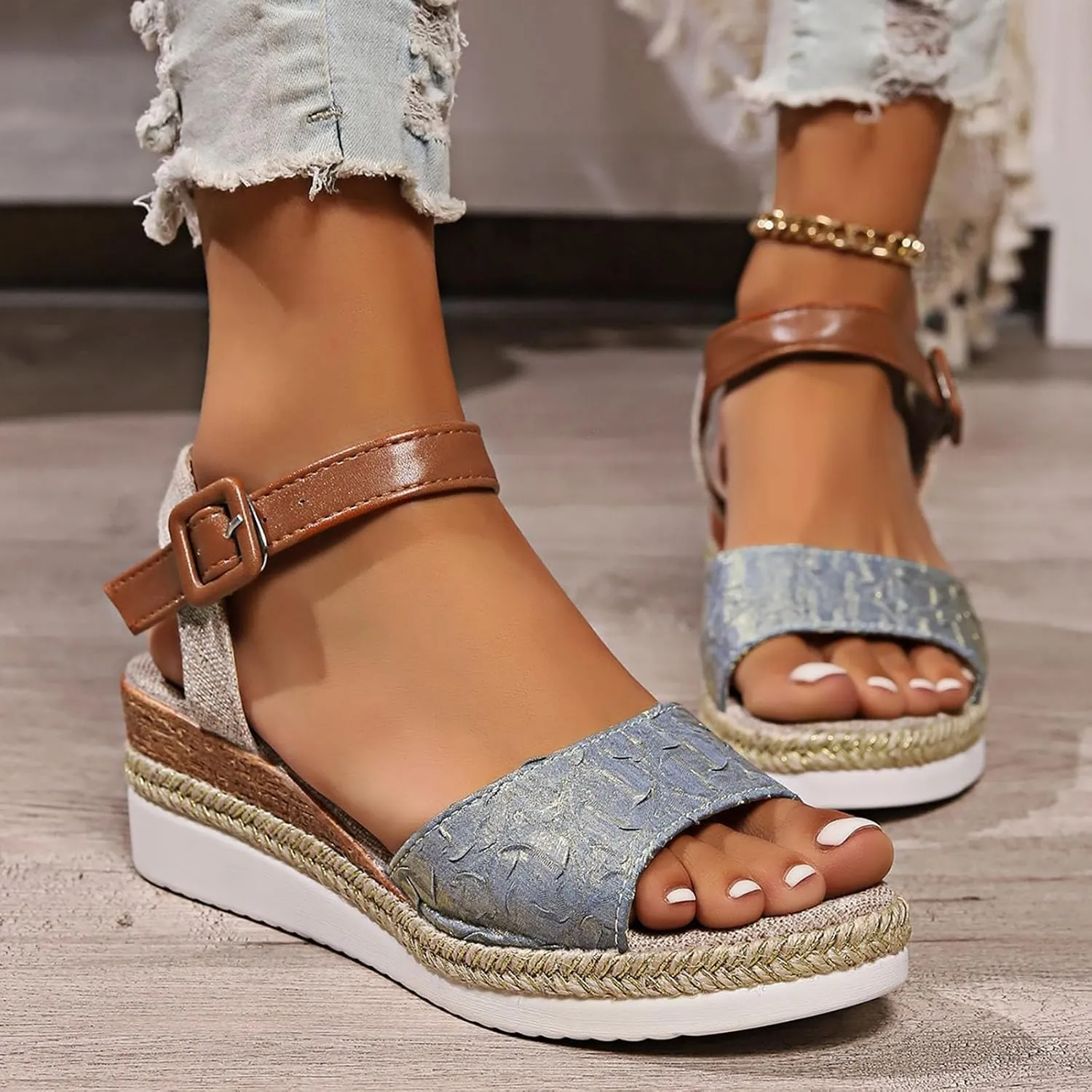 Espadrilles Wedges for Women Summer Dressy Slip On Orthopedic Sandals with Arch Support Open Toe Ankle Strap Beach Boho Sandals