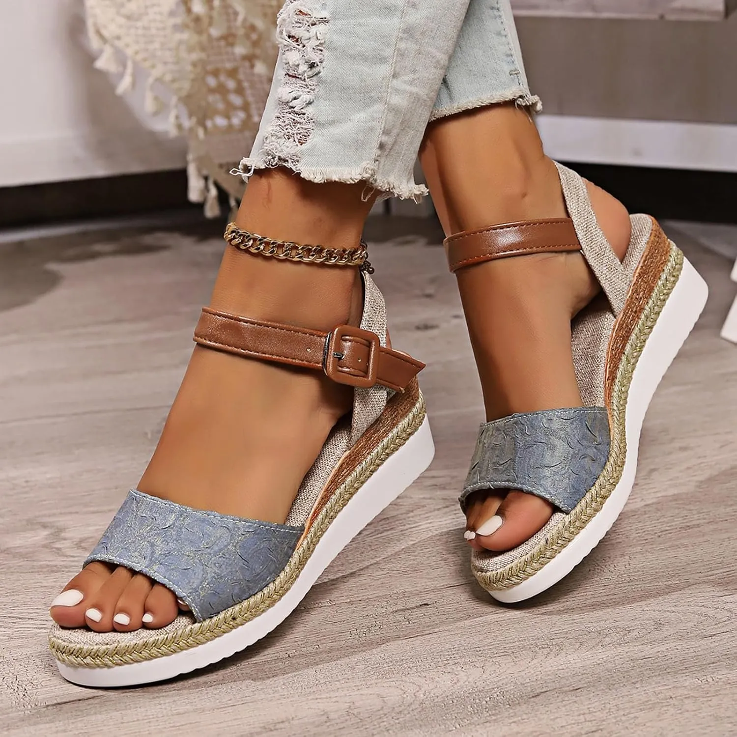 Espadrilles Wedges for Women Summer Dressy Slip On Orthopedic Sandals with Arch Support Open Toe Ankle Strap Beach Boho Sandals