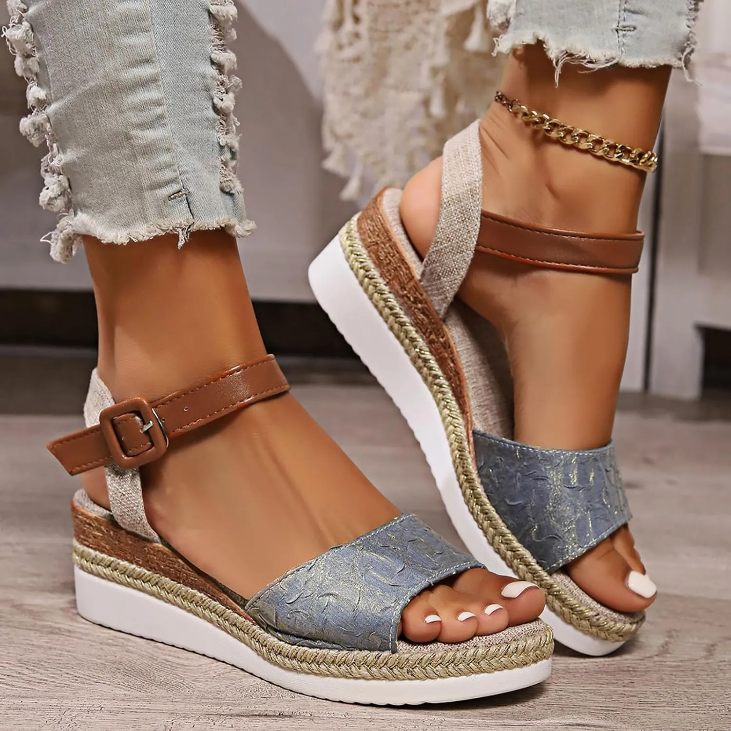 Espadrilles Wedges for Women Summer Dressy Slip On Orthopedic Sandals with Arch Support Open Toe Ankle Strap Beach Boho Sandals