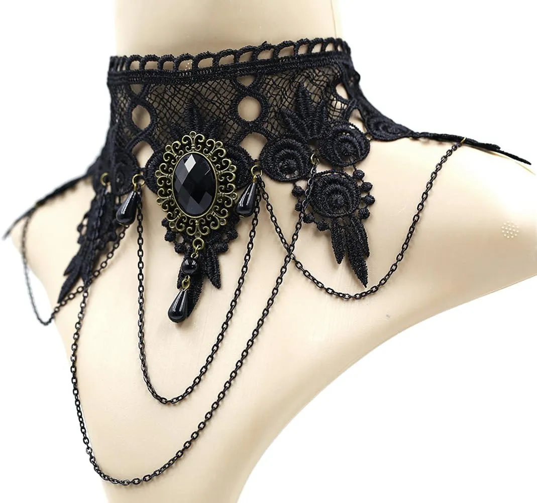 ETERNITY J. Elegant Vintage Princess Black Lace Gothic Statement Necklace Bracelet Victorian Choker Pendant Vampire Chain
