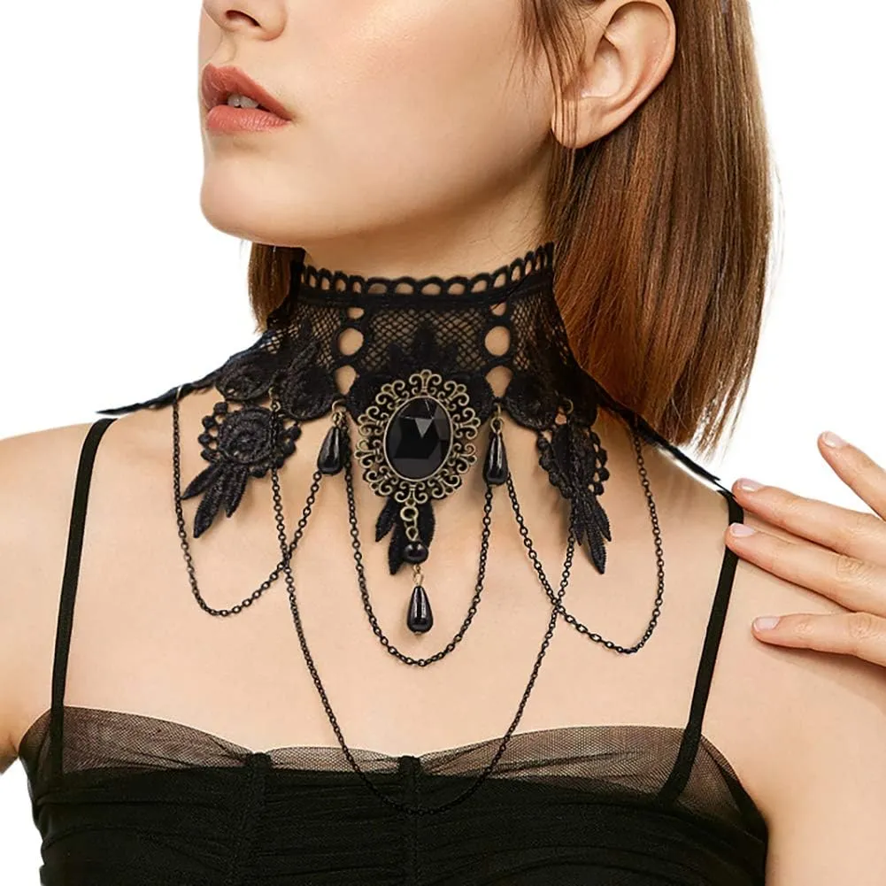 ETERNITY J. Elegant Vintage Princess Black Lace Gothic Statement Necklace Bracelet Victorian Choker Pendant Vampire Chain