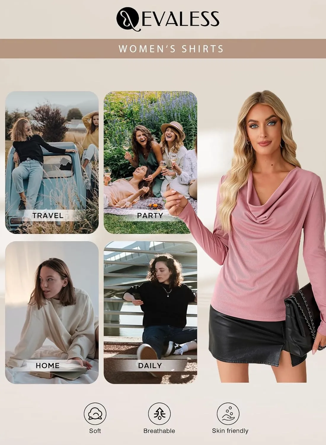 EVALESS Womens Tops Cowl Neck Shirts Long Sleeve Teacher Clothes Office Business Dressy Casual Blouse 2025 Spring Summer