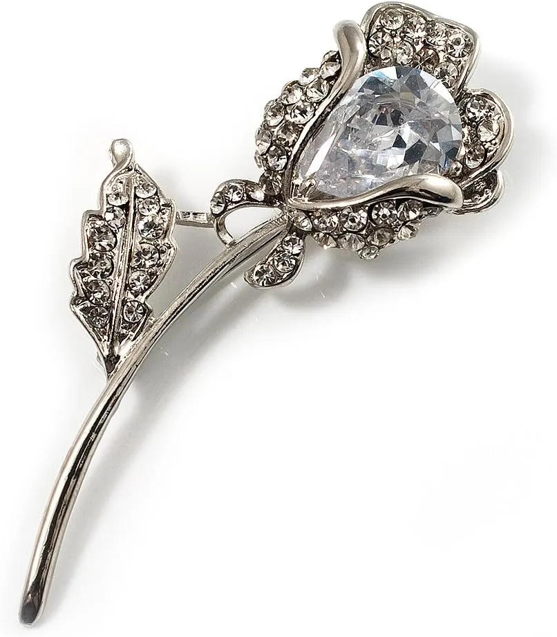 Exquisite CZ Rose Brooch (Silver Tone)